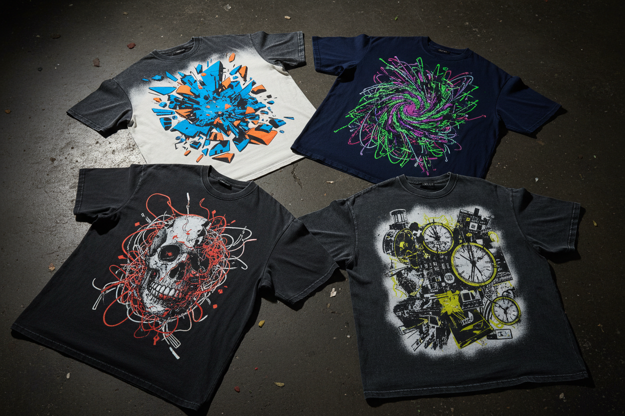 Flat lay of four chaos graphic t-shirts on dark concrete surface — No Sense streetwear