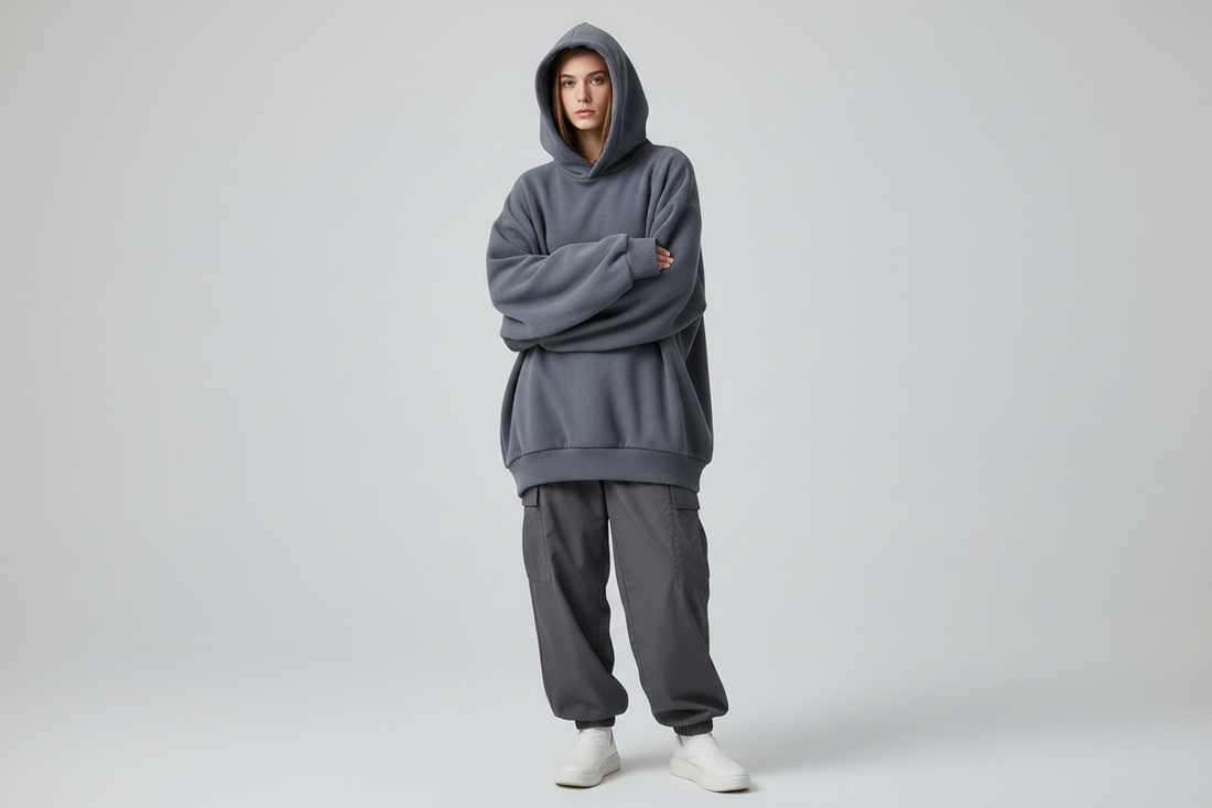 Model wearing oversized hoodie showing fit and silhouette — No Sense size guide