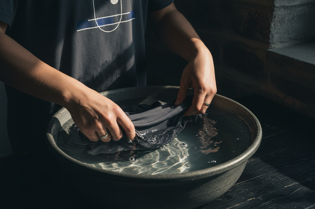Hands gently washing a graphic t-shirt in clear water — No Sense care guide